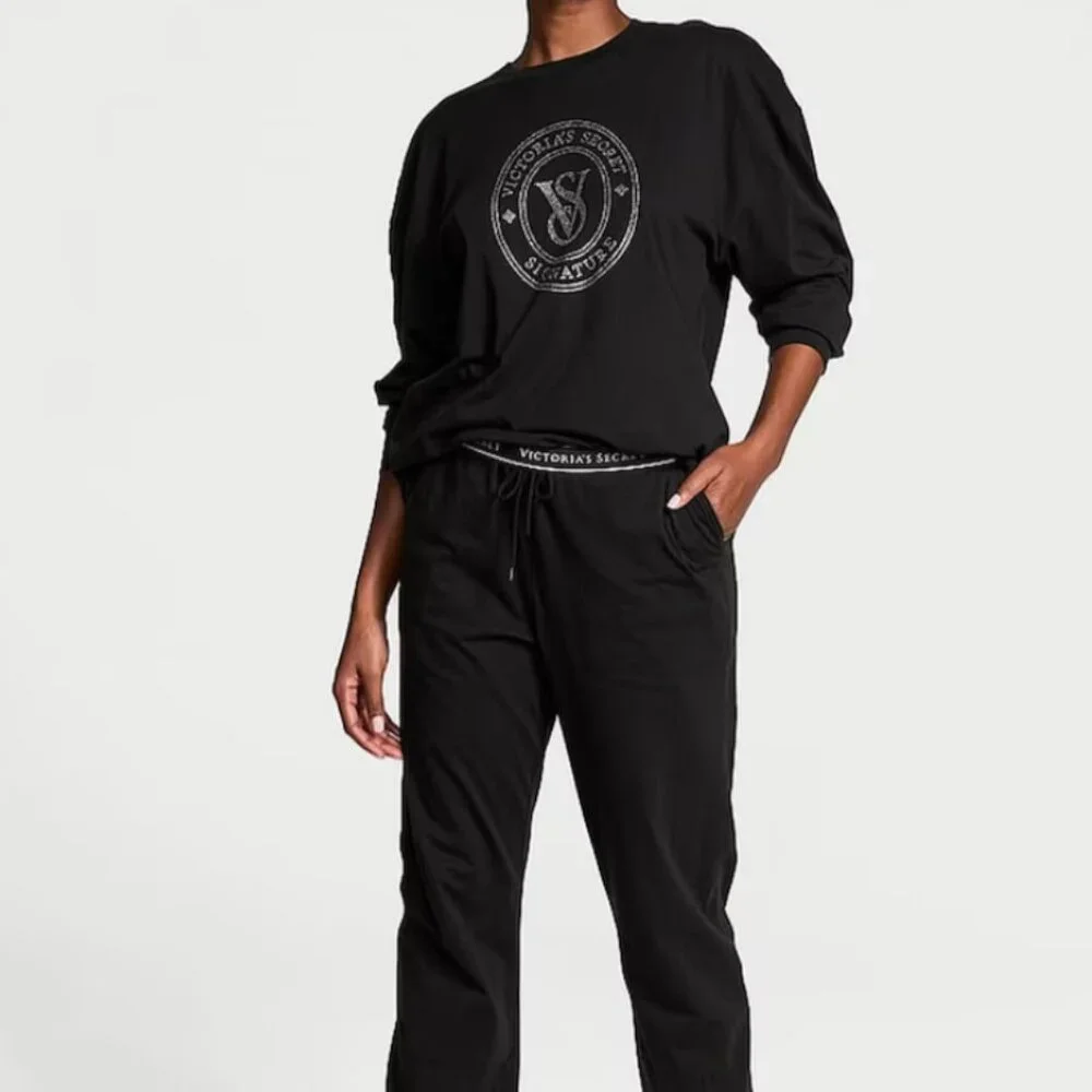 VICTORIA SECRET | Rhinestone Graphic Cotton PJ Set | BLACK | LARGE